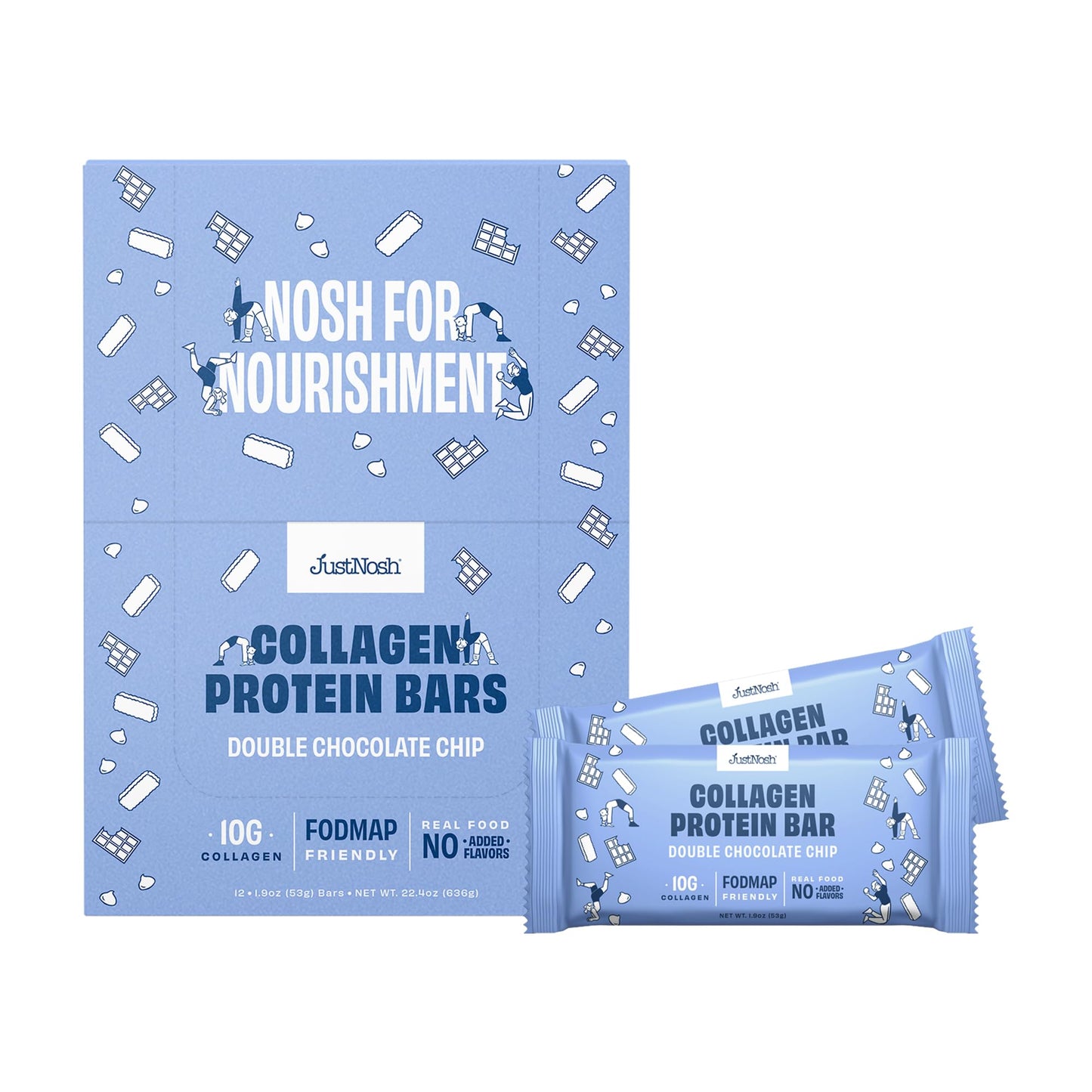 Justnosh ?D?Ouble Chocolate Chip Collagen Protein Bars – 15G Protein, 10G Collagen | Gluten & Dairy Free, Low Fodmap, Seed Oil Free (12 Pack)