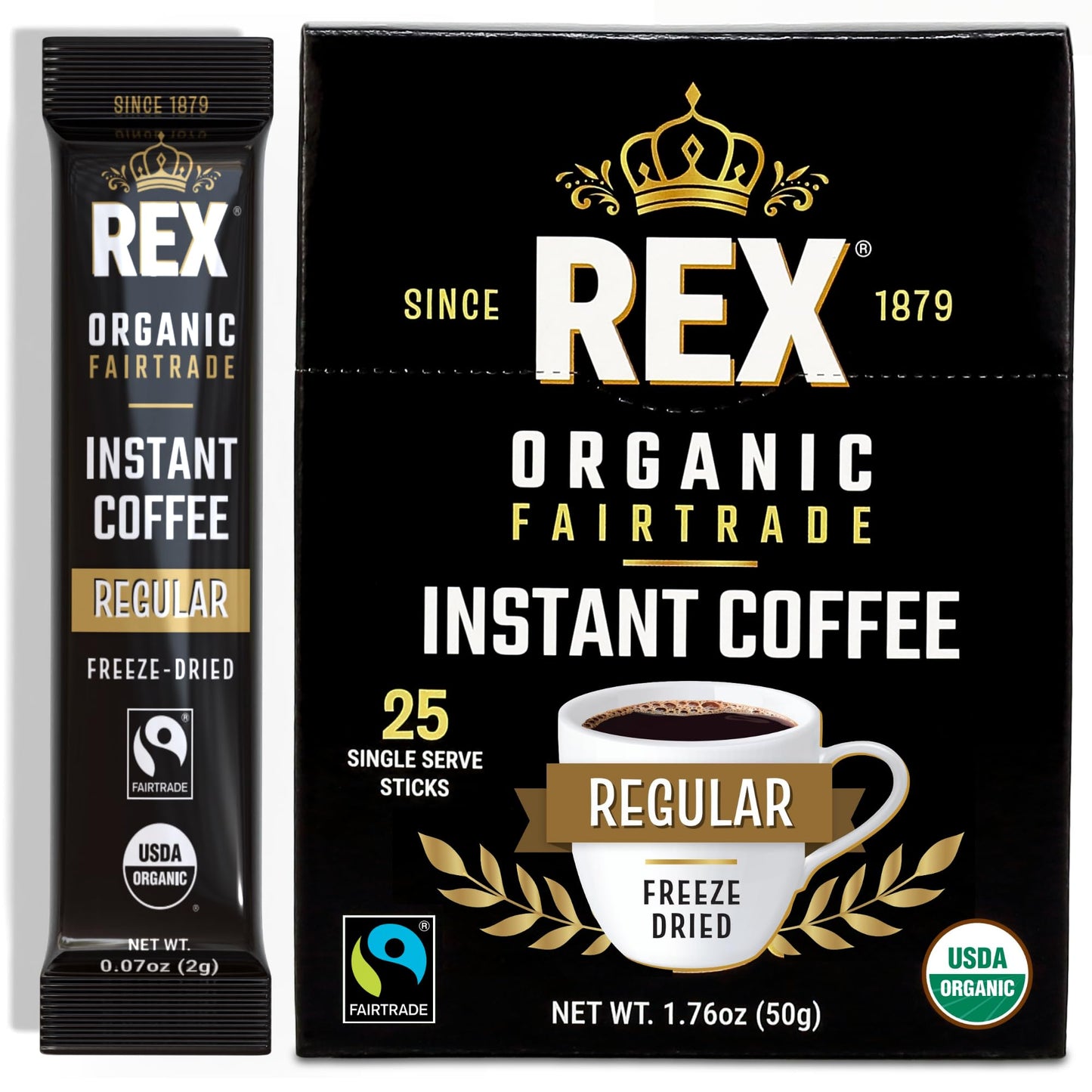 Rex Organic Fairtrade Freeze-Dried Instant Coffee Sticks Medium Roast Arabica 25 Single-Serve Packs Usda Organic & Fairtrade Certified