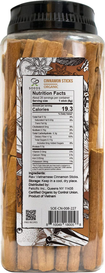 Soeos Organic Cinnamon Sticks, Cinnamon, Ground Cinnamon, Cinnamon Sticks, 100% Raw, Non-Gmo, Kosher Certified, Cinnamon Seasoning Spice For Coffee, Baking, Cooking And Beverages 8 Oz (226G)