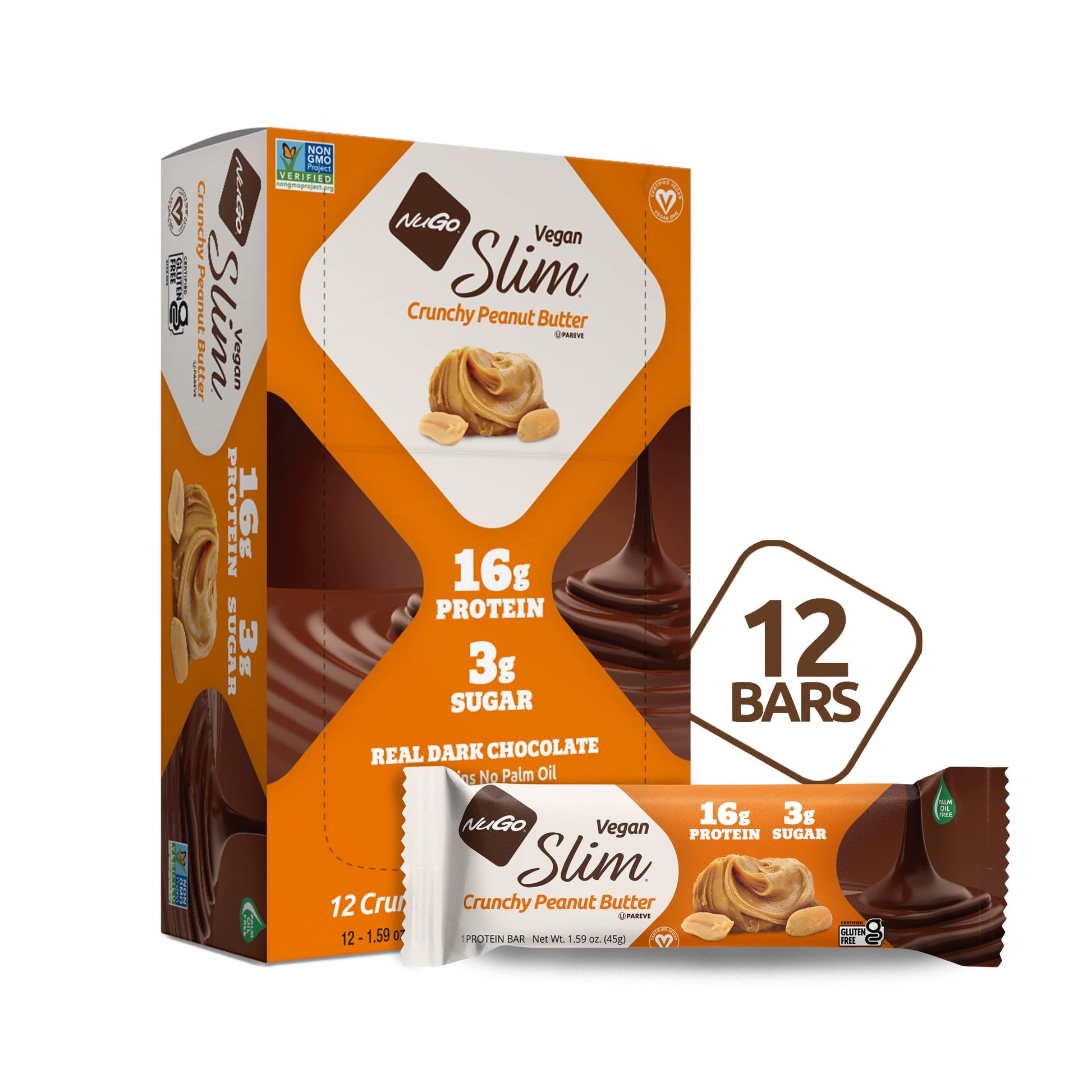 NuGo Slim Dark Chocolate Crunchy Peanut Butter, 17g Vegan Protein, 3g Sugar, 7g Fiber, 180 Calories, Low Net Carbs, Gluten Free,