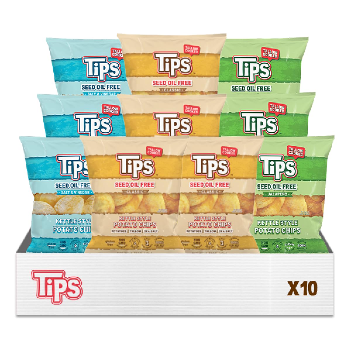 TIPS Potato Chips Variety Pack | 10-Pack Snack Size (1.75 oz Bags) - Classic Sea Salt, Salt & Vinegar, Jalapeo - Seed Oil Free,