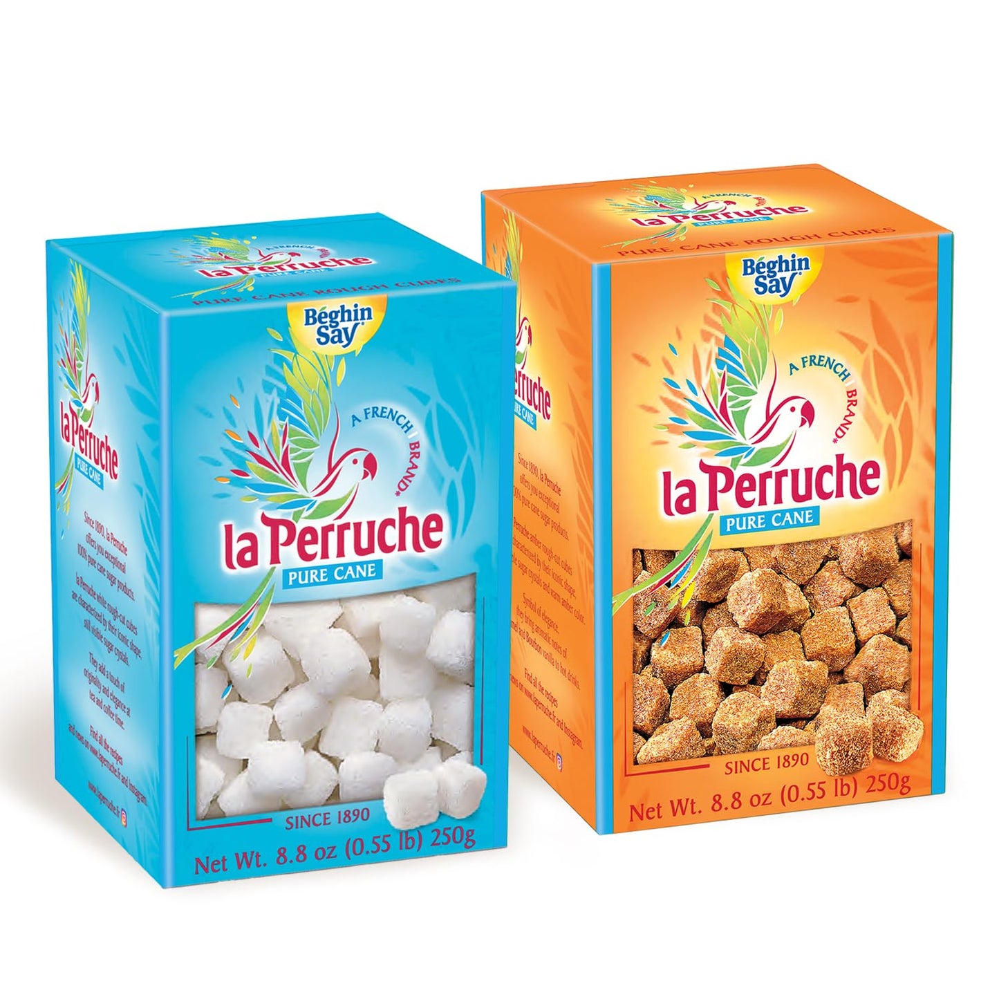La Perruche Sugar Cubes Combo Pack, 250g (8.8oz) - 1 Box White & 1 Box Brown, Perfect for Coffee and Tea