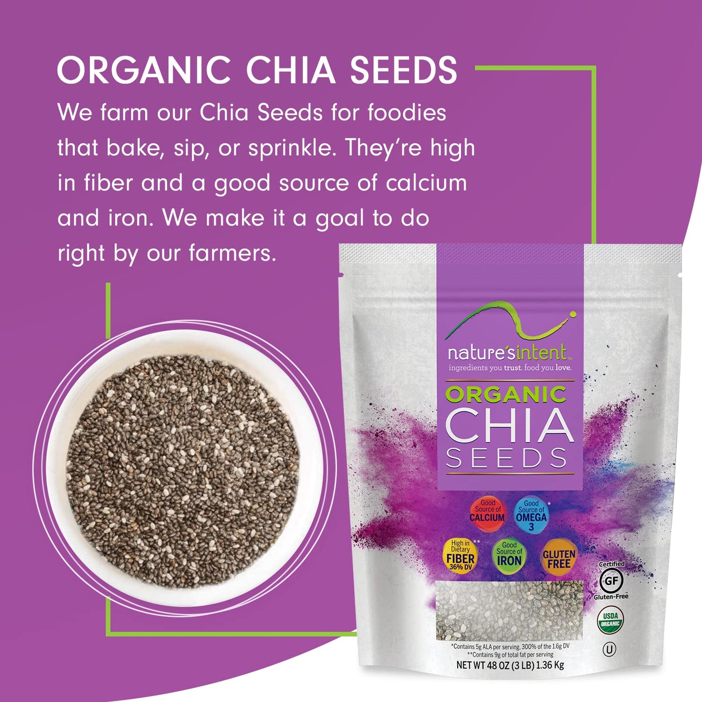 Natures Intent Organic Chia Seeds - 3lb Bag - USDA Organic, Non-GMO, Vegan, Gluten-Free, Kosher, Keto & Paleo - Good Source of
