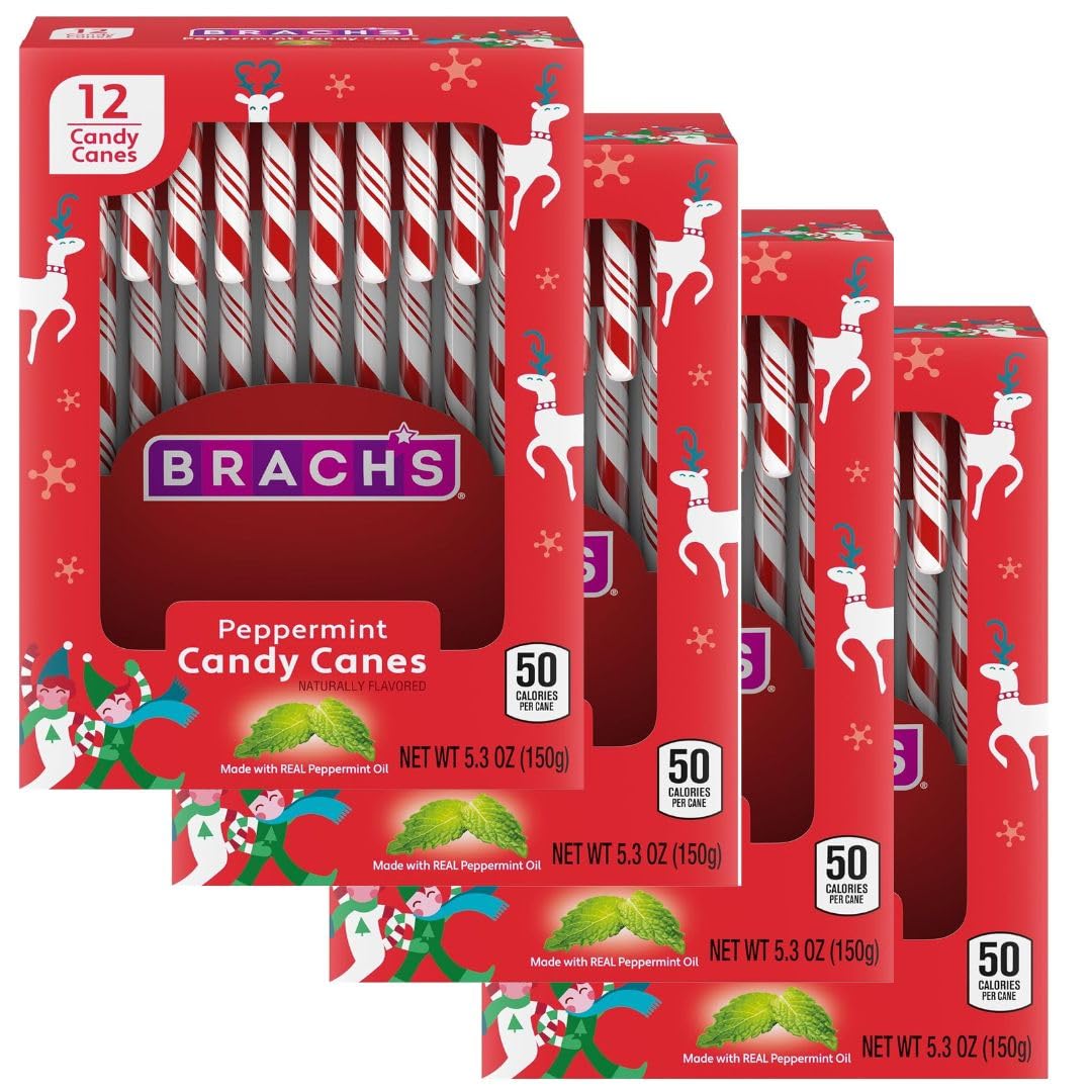Brachs Bobs Red & White Peppermint Candy Canes, Naturally Flavored Christmas Candy, Stocking Stuffers For Kids, Holiday Classic,