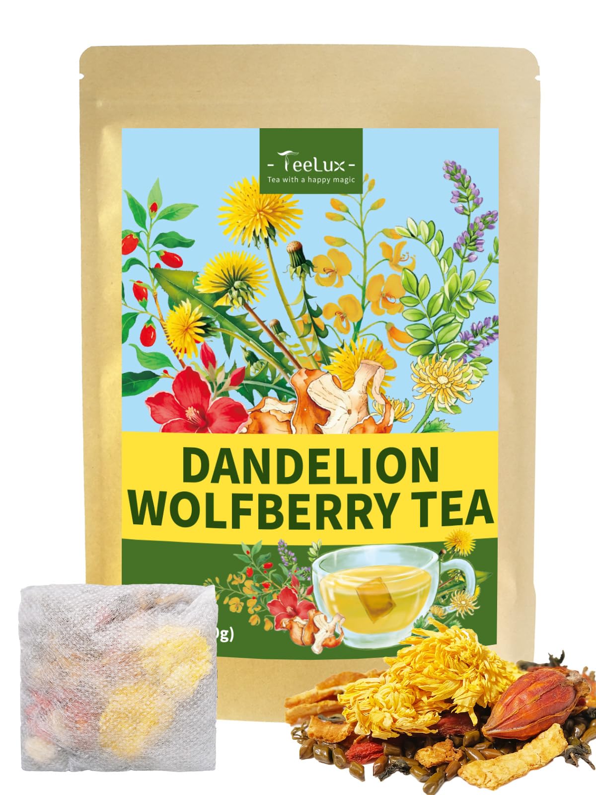 Teelux Dandelion Wolfberry Tea Blend With Chrysanthemum Goji Berries Cassia Seed Licorice Smooth & Mellow Flavor Energy Blend Free 20 Count