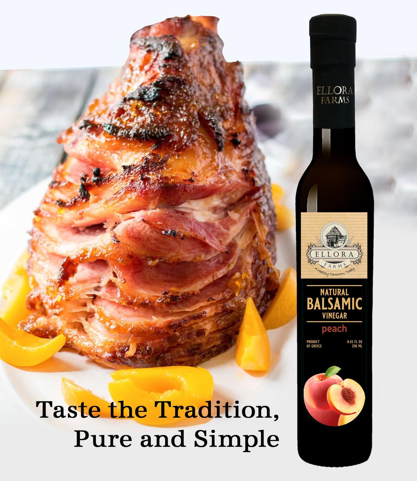 Ellora Farms Peach Infused Greek Balsamic Vinegar, Thick & Creamy, 8.45 oz, No Added Sugars, No Preservatives, Pack of 1