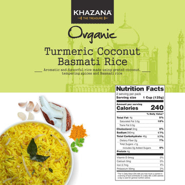 Khazana Turmeric Coconut Organic Basmati Rice - Ready to Heat (1-Pack, 8.8oz) - Authentic, Aromatic & Flavorful Indian Grain - N