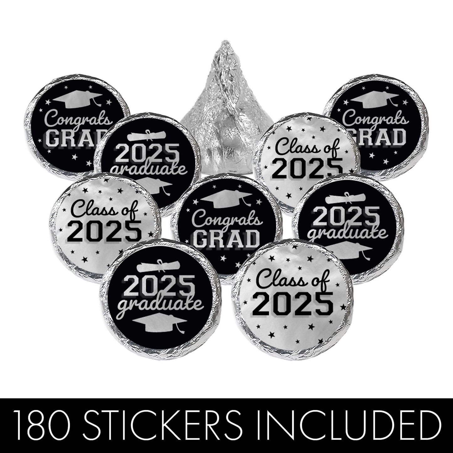 Black And Silver Graduation Party Stickers For Kisses Candy, Chocolate Drops, 2025 Grad Party Favors - 180 Count