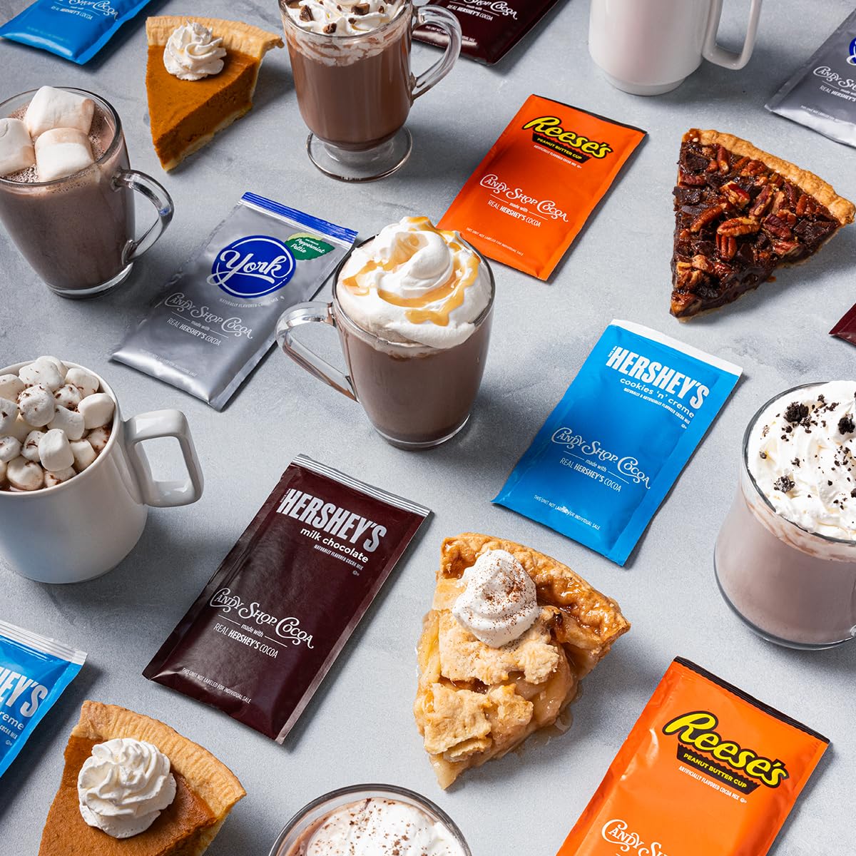 Candy Shop Cocoa Mix Variety Pack, Hot Chocolate, HERSHEY S Milk Chocolate, REESES Peanut Butter Cup, YORK Peppermint Pattie, M