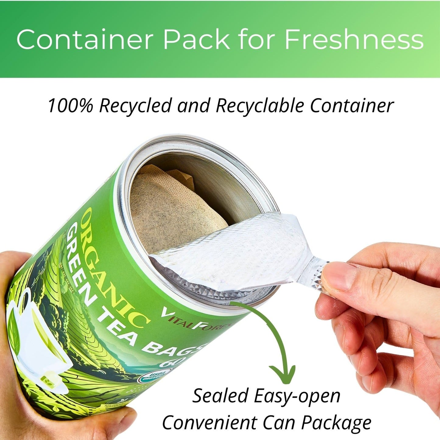 Organic Green Tea Bags| 60 Count Vitalforest Unbleached Eco-Conscious Chinese Green Tea Packets| Te Verde Organico Natural Premi