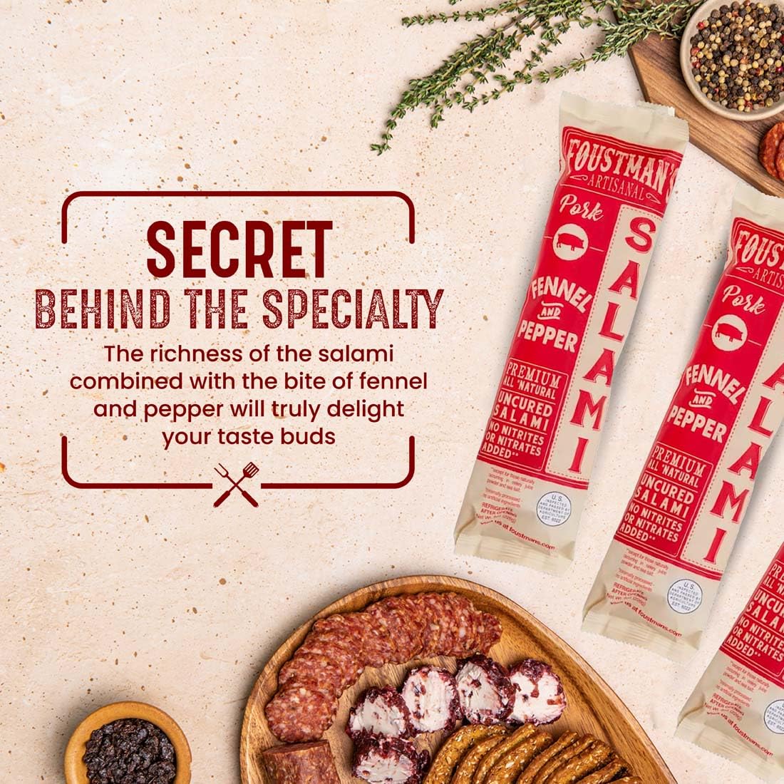 Foustman'S Salami Pork Fennel And Pepper Artisanal, Nitrate-Free, Naturally Cured, Gluten-Free, Dairy-Free, Pack Of 3, 8 Oz Each