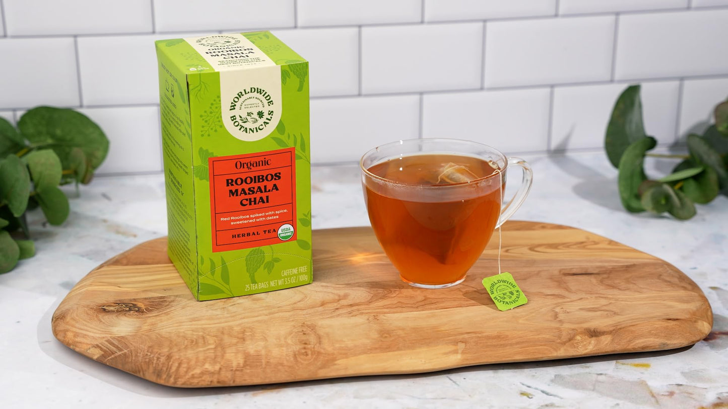 Worldwide Botanicals Rooibos Masala Chai Herbal Tea - Organic, Caffeine Free, Kosher, 25 Tea Bags