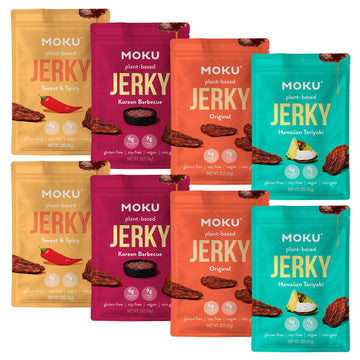 Moku Plant-Based Mushroom Jerky, Hawaiian Teriyaki, Sweet and Spicy, Original (8 Pack) Vegan Jerky, Gluten Free, Soy-Free, Non-G