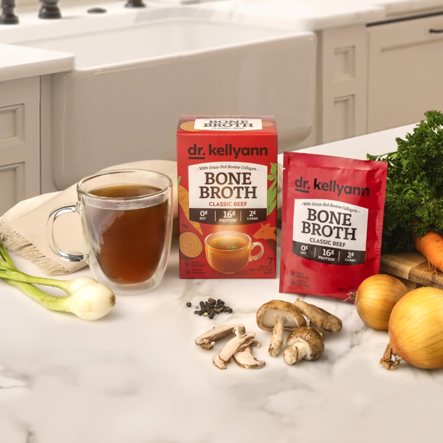 Dr. Kellyann Classic Beef Bone Broth Collagen Powder Packets (7 Servings) - 16G Protein, Grass-Fed Hydrolyzed Collagen, Keto & P