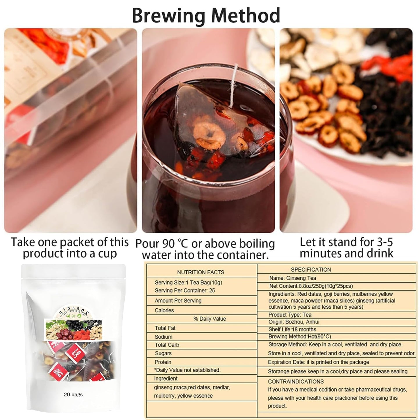 Ginseng Five Treasure Tea - Kidney Tea Formula Ginseng Six, Organic Kidney Cleanse Chinese Natural Herbal For Men Women, The Par