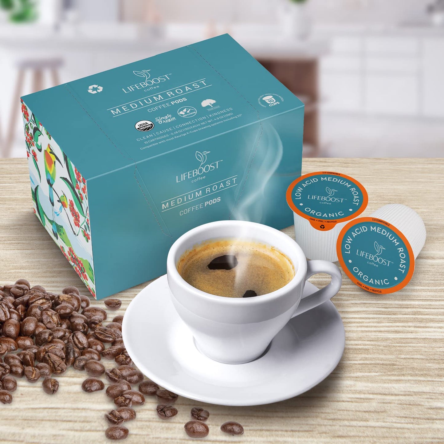 LIFEBOOST Medium Roast Low Acid Coffee K Cups, Organic, Non-GMO, 10 Count, Compatible with Keurig Machines