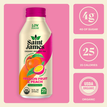 Saint James Iced Tea - Organic Green Tea - Non Gmo, Gluten Free, Low Calorie & Low Sugar - Passion Fruit & Peach, 12 Pack (16 Fl