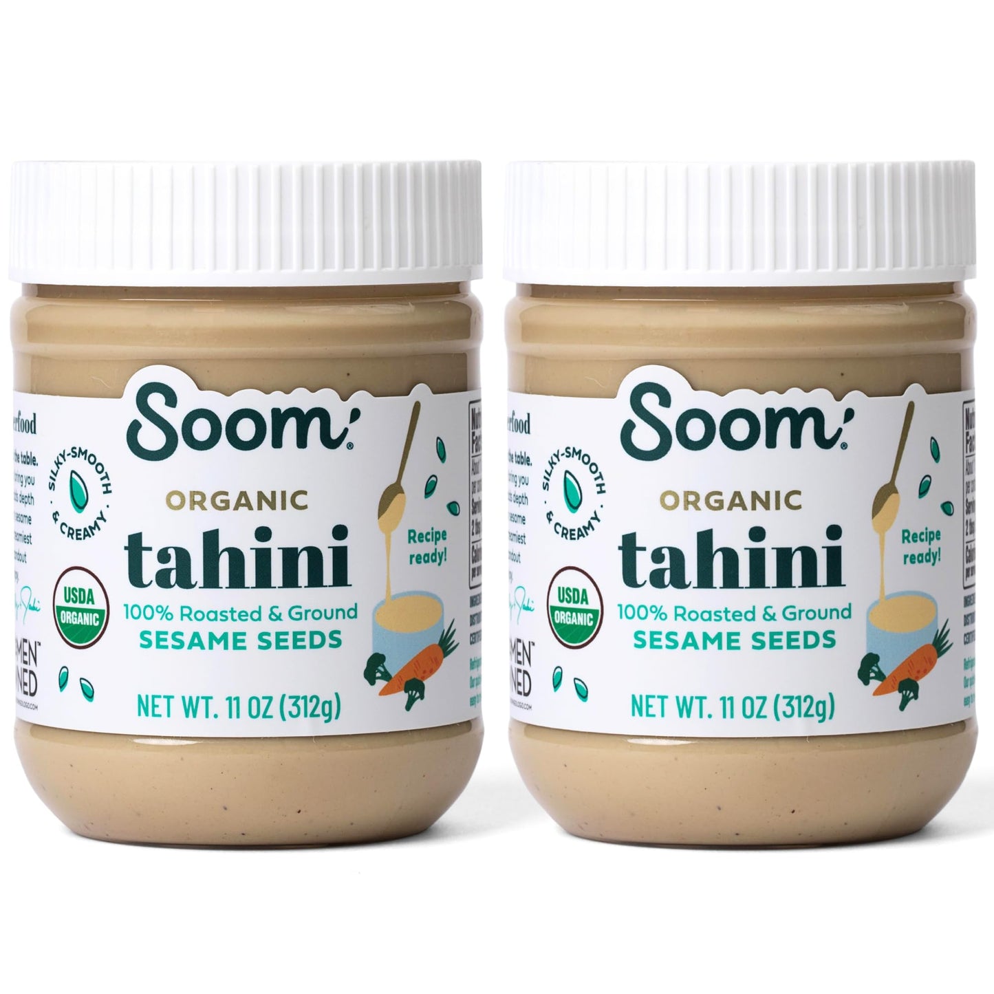 Soom Foods Organic Tahini 11Oz (2 Pack) | Roasted & Ground Sesame Seed Paste | Creamy Texture For Hummus, Sauces, Dips, Dressings | Vegan, Peanut-Free, Nut-Free, Gluten-Free, Dairy-Free, Keto, Paleo, Kosher | All-Natural