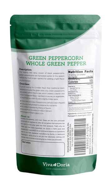 Viva Doria Green Peppercorns, Whole Green Pepper, Steam Sterilized, 4 Oz (85 G) For Grinder Refill