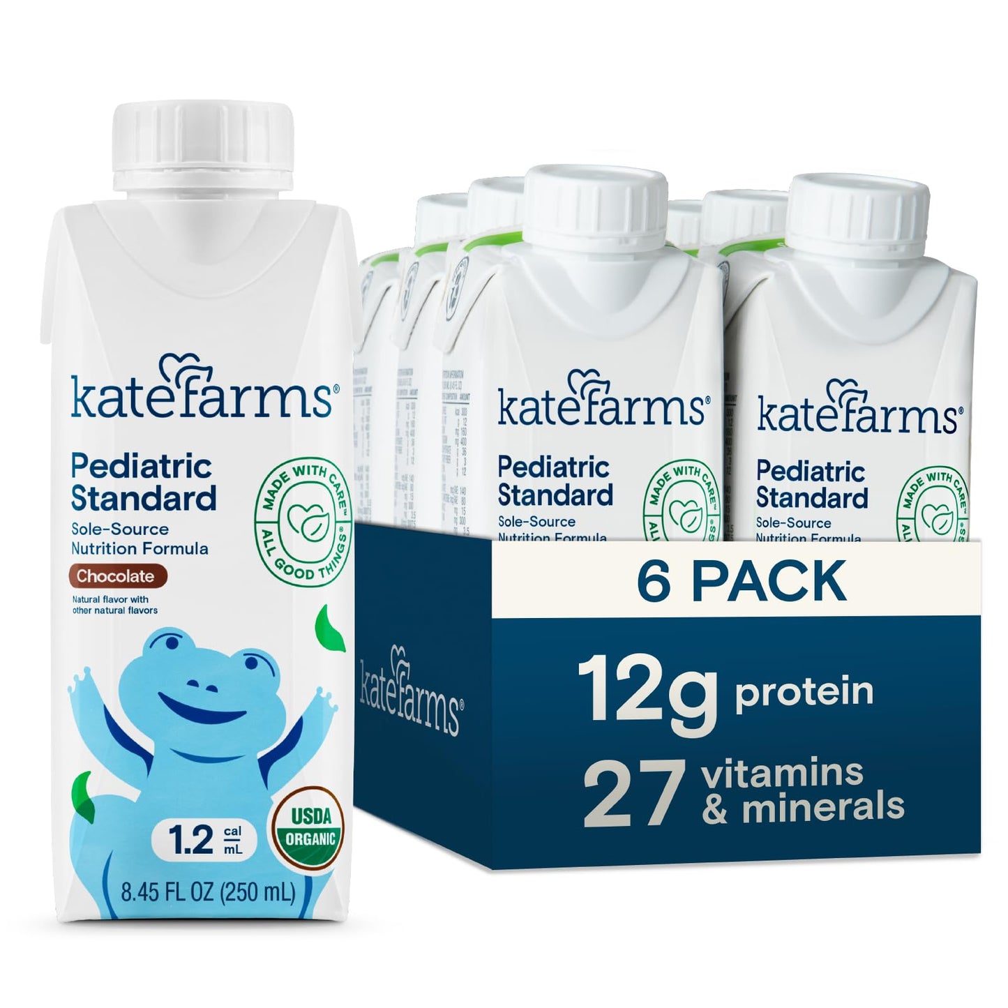 Kate Farms Organic Pediatric 1.2 High Calorie Chocolate Nutrition Shake, 12G Protein, 27 Vitamins And Minerals, Meal Replacement, 8.45 Oz (6 Pack)