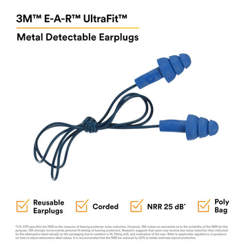 3M E-A-R Ultrafit Earplugs 340-4007, Metal Detectable, Corded, Poly Bag, 400 Pair/Case