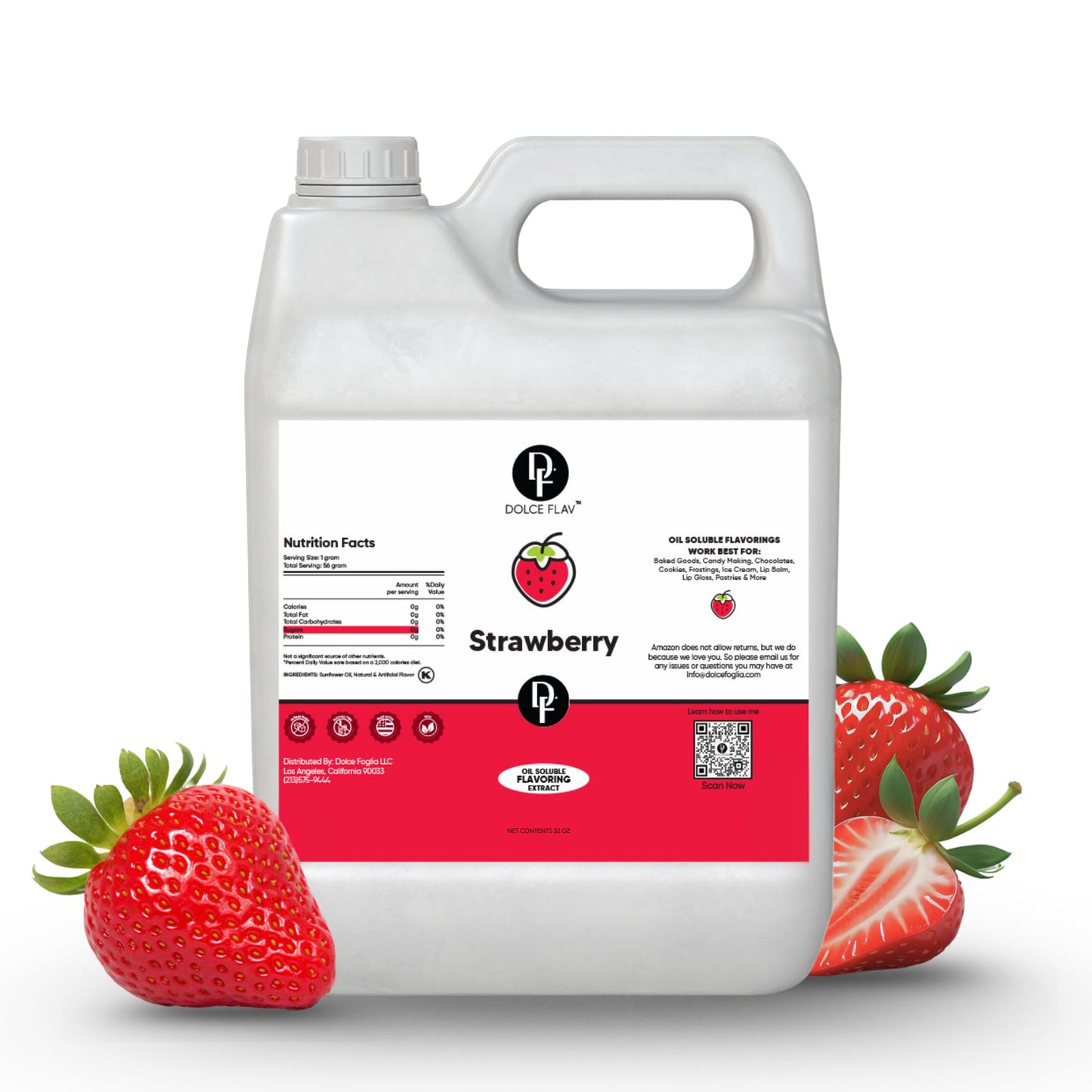 Dolce Flav Strawberry Flavoring - 32 Oz. - Top-Grade Oil-Based Extract For Chocolates Frostings Baked Goods & Confections | Ideal For Bakeries & Commercial Kitchens