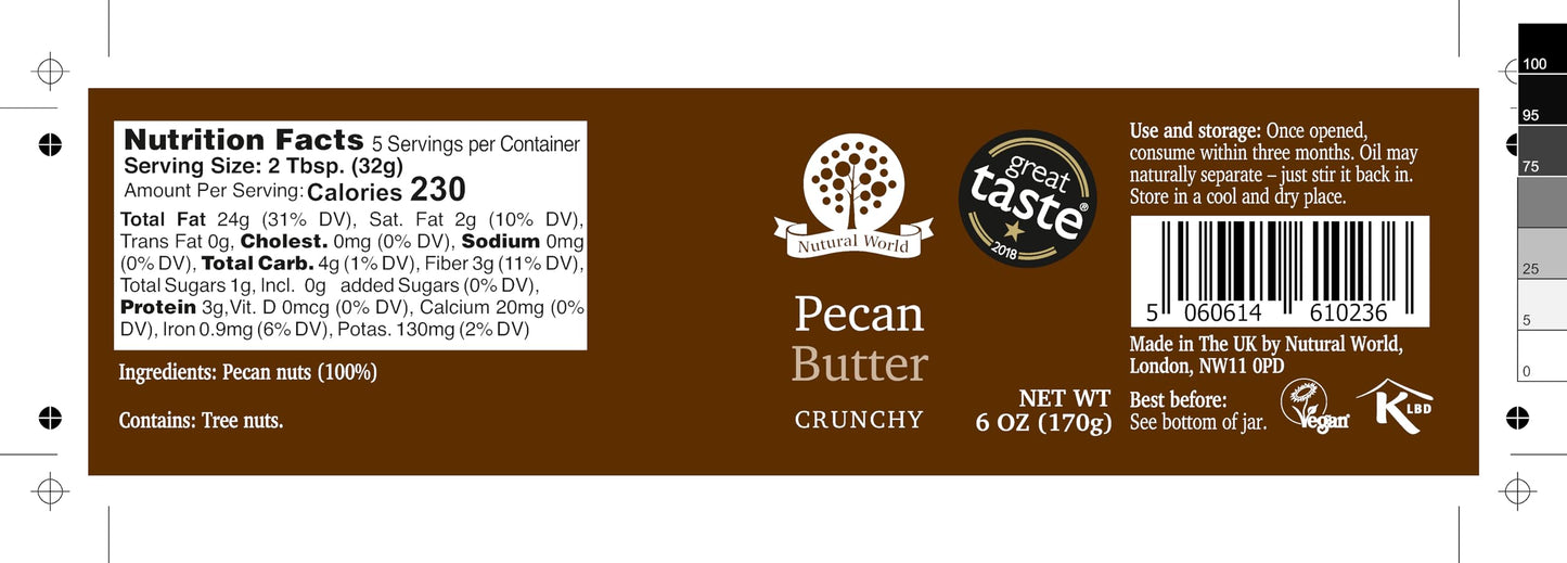 Nutural World - Crunchy Pecan Nut Butter 6 Oz (170G) Great Taste Award Winner - Pure 100% Single Ingredient