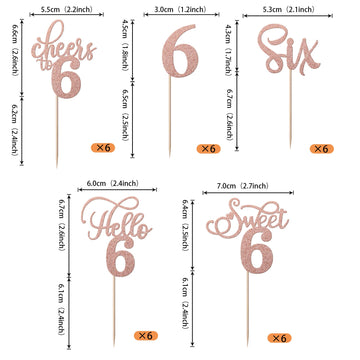 Rssta i Cupcake Toppers 30 Pack Rose Gold Glitter 6th Birthday Picks, Model XM202