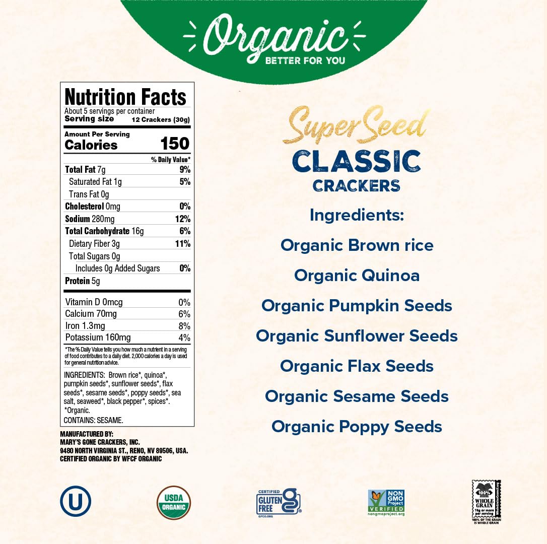 Mary s Gone Crackers Organic Super Seed Crackers, Classic - Gluten-Free, NON-GMO, Vegan & Whole Grain, 5.5 Ounce (Pack of 6)
