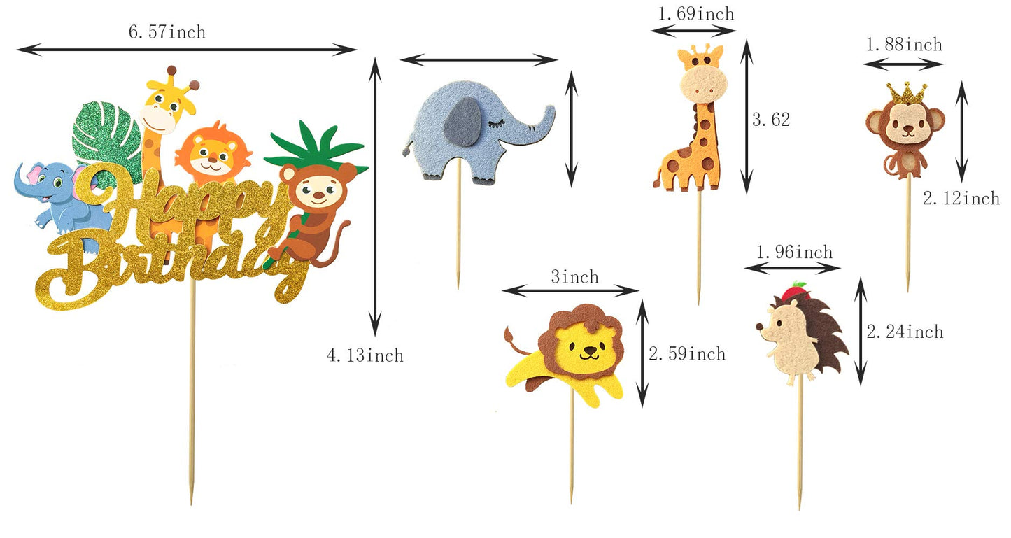 6Pcs Jungle Animal Happy Birthday Cake Toppers Elephant Giraffe Hedgehog Lion Monkey Cake Decorations Animals Party Baby Showers