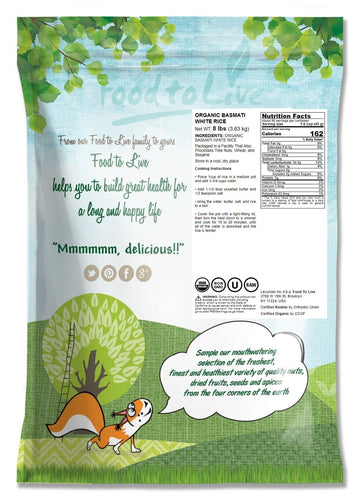 Food To Live Organic White Basmati Rice, 8 Pounds – Non-Gmo, Long-Grain Rice Variety, Fragrant, Kosher, Vegan, Bulk. Non-Irradiated. Less Starch. High In Dietary Fiber. Great For Indian Dishes.