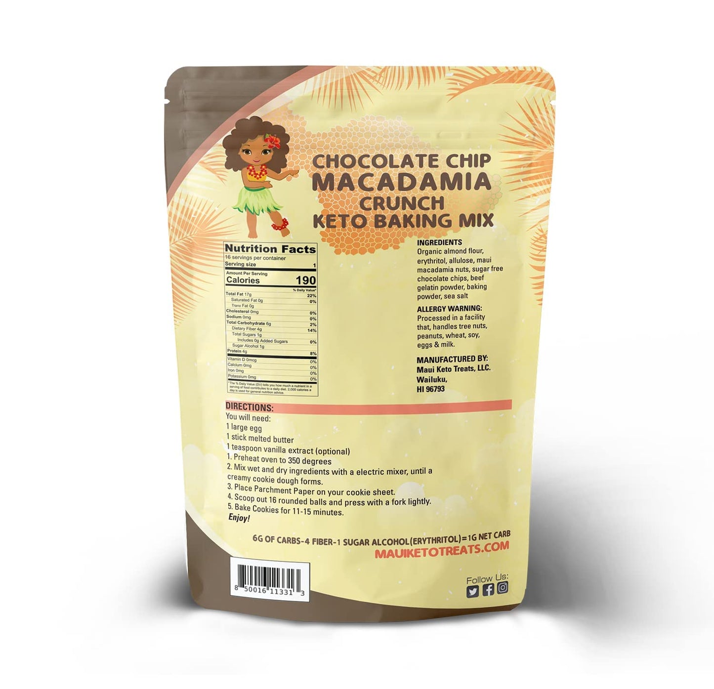 Maui Keto Treats Chocolate Chip Macadamia Crunch Bar Cookie Mix - Gluten Free Low Carb Made with Organic Almond Flour- 12 Ounce