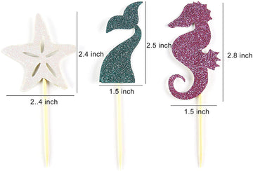24 Pieces Mermaid Theme Glitter Cupcake Topper Cake Picks Decoration For Baby Shower Birthday Party Favors, Mermaid Tail, Seahor