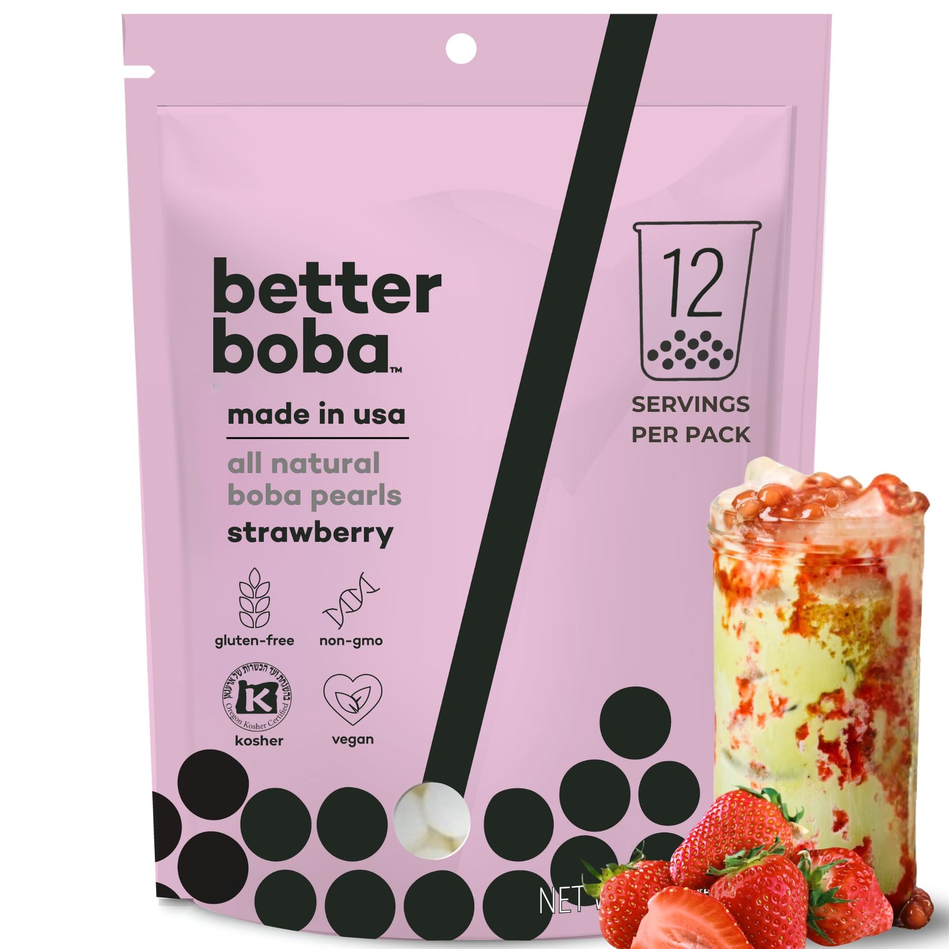 Better Boba All-Natural Strawberry Boba Pearls | Vegan, Gluten-Free, Non-GMO, Kosher Boba for Bubble Tea, Desserts | 8 Oz Pack (
