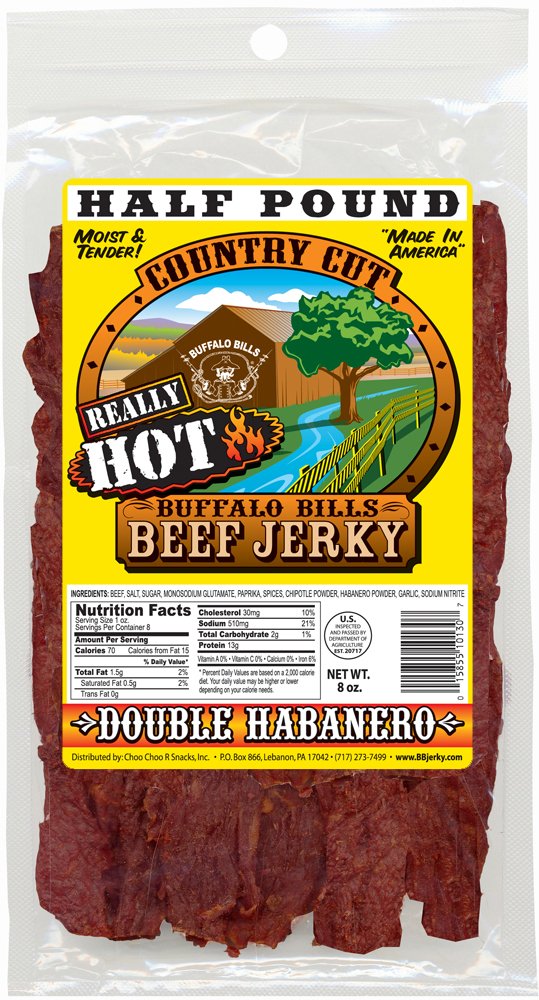 Buffalo Bills 8Oz Double Habanero Country Cut Beef Jerky Pack (Moist & Tender Really Hot Beef Jerky)