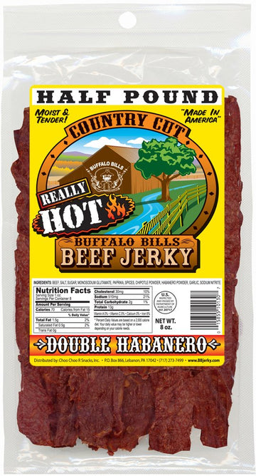 Buffalo Bills 8Oz Double Habanero Country Cut Beef Jerky Pack (Moist & Tender Really Hot Beef Jerky)