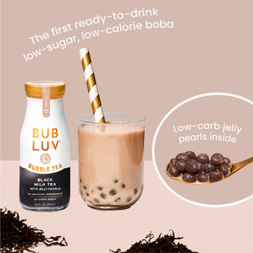 Bubluv Low Sugar Bubble Tea - Black Milk Tea With Low-Carb Jelly Pearls - Ready-To-Drink Zero Sugar Boba Tea In A Glass Bottle,