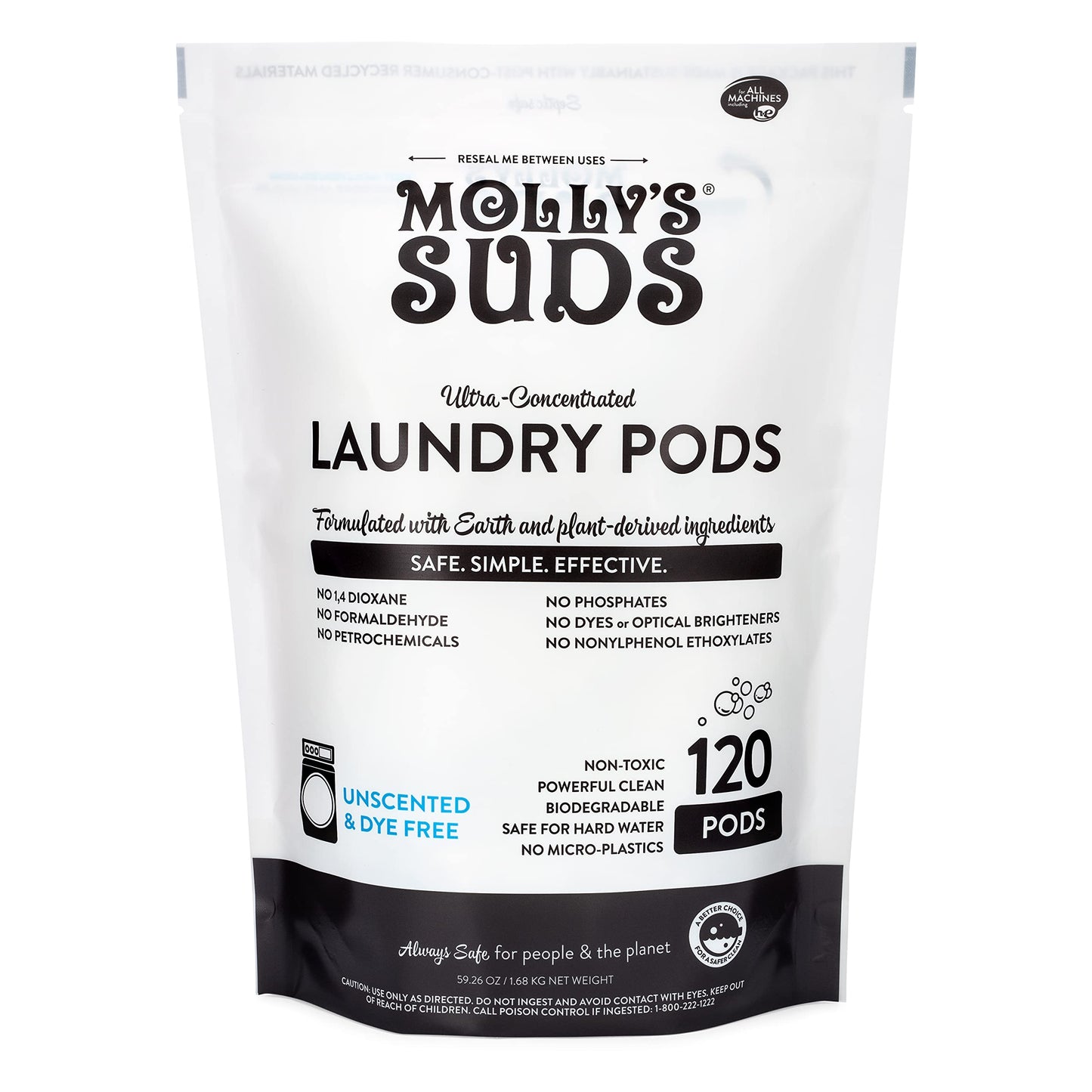 Mollys Suds Laundry Detergent Pods Natural Detergent For Sensitive Skin Ultra Concentrated And Stain Fighting Unscented - 120