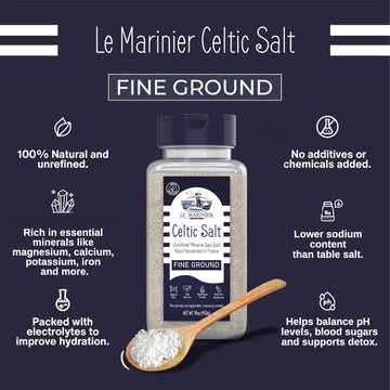 Le Marinier Celtic Salt Organic Fine Ground, 1 lb - 16oz. Mineral Rich 100% Natural and Unrefined. Refillable Salt Shaker. Frenc