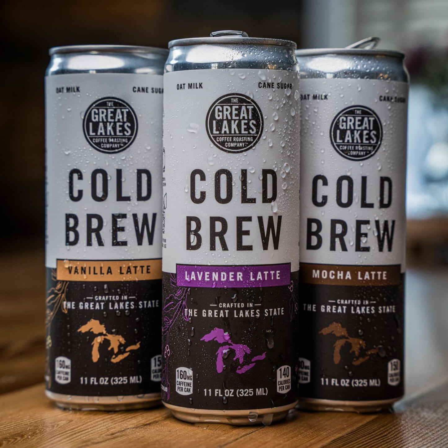 Great Lakes Coffee Roasting Co. Oat Milk Cold Brew Latte Variety Pack, Lavender, Vanilla, Mocha, 11 Fl Oz, Pack of 6