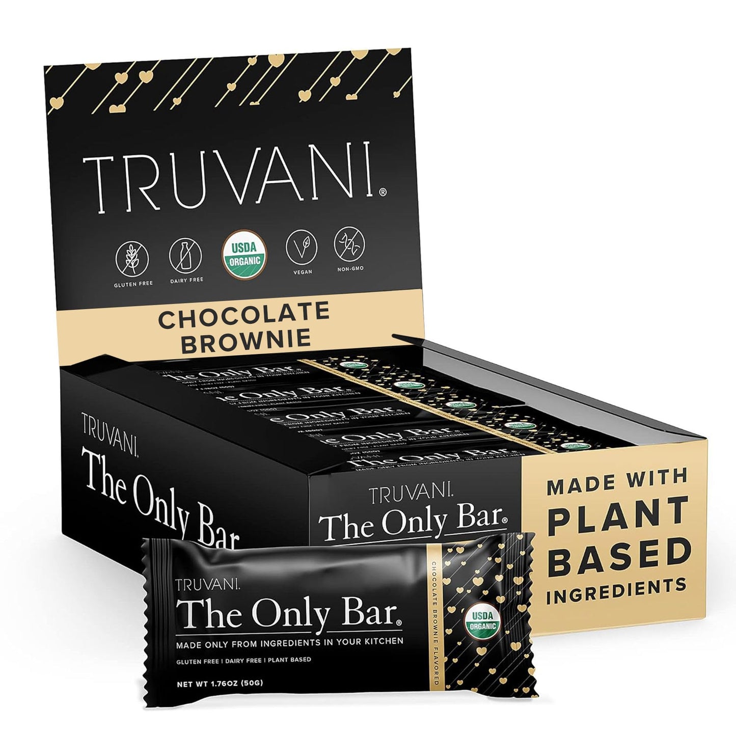 Truvani Plant Based Snack Bar | Chocolate Brownie 12 Pack | 7G Protein | Usda Organic And Vegan | The Only Bar | Dairy, Soy, And