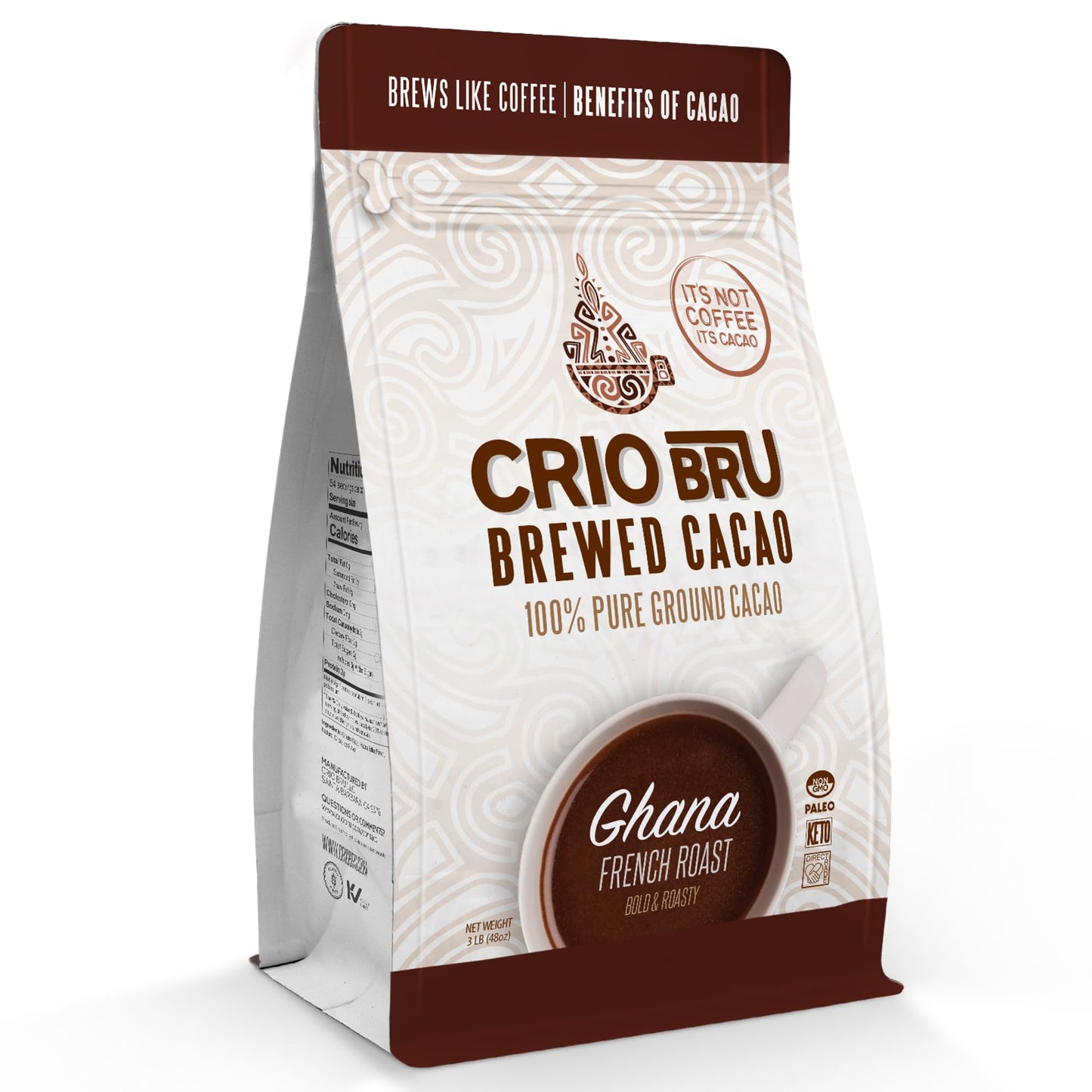 Crio Bru Brewed Cacao Ghana French Roast 3Lb (48Oz) - Coffee Alternative Natural Healthy Drink | 100% Pure Ground Cacao Beans | 99.99% Energy Blend Free Keto Low Carb Paleo Brew And Enjoy Hot Or Iced