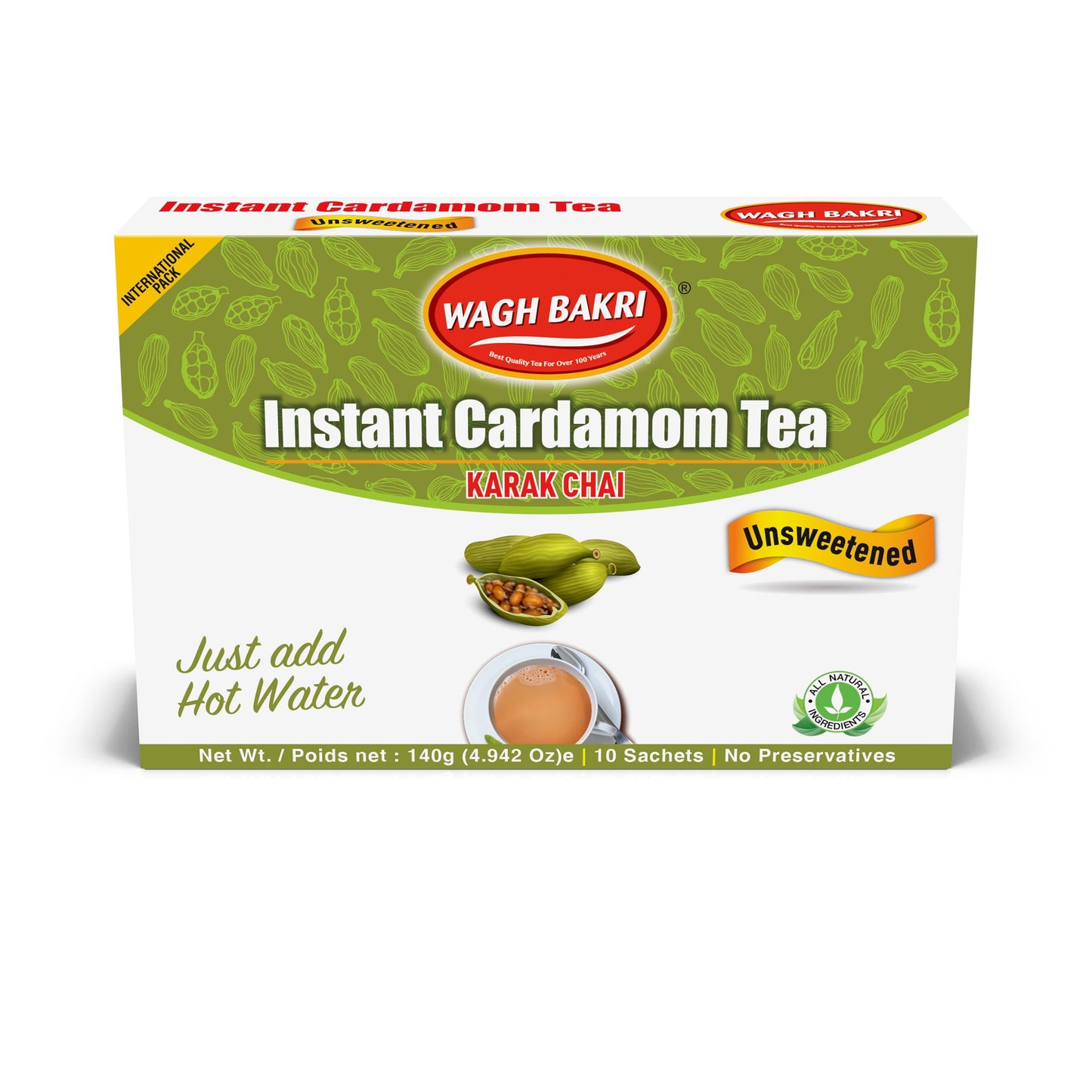 Wagh Bakri | Instant Elaichi Tea | Unsweetened No Added Sugar | 80g 10 Sachets (2.82 Oz)