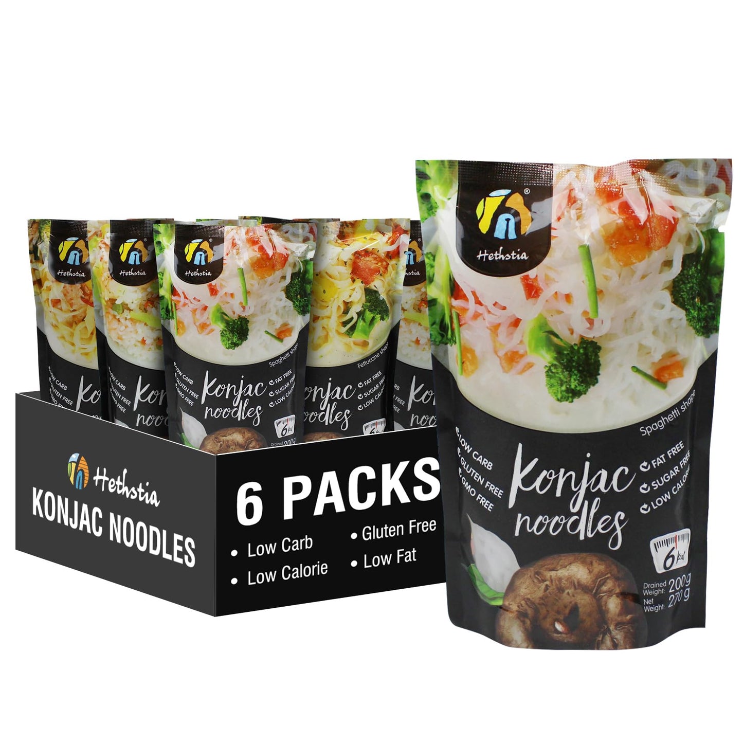 Hethstia Shirataki Noodle Low-Carb Pasta and Rice Variety Pack- Spaghetti, Fettuccine and Rice, Low Calorie Konjac Pasta Gluten