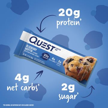 Quest Nutrition Blueberry Muffin Protein Bars, 20g Protein, 2g Sugar, 5g Net Carb, Gluten Free, Keto Friendly, 12 Count
