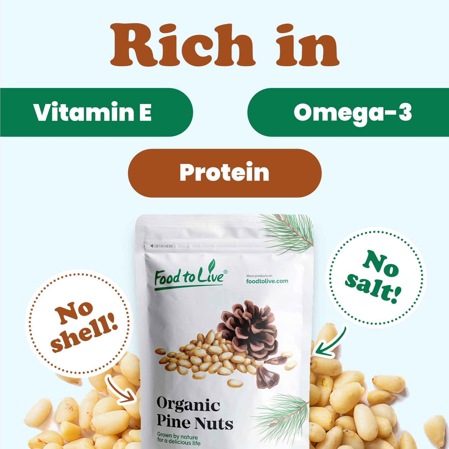 Food To Live Organic Pine Nuts, 8 Ounces – Non-Gmo, Whole Raw Pignolias, Unsalted, No Shell, Vegan, Kosher, Bulk Snack. Rich In Vitamin E, Protein. Great For Pesto, Salads, Homemade Desserts