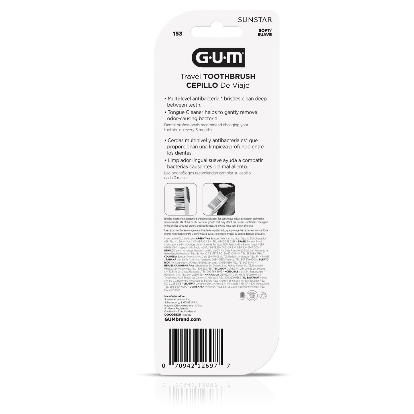 Gum Travel Toothbrush With Antibacterial Bristles, Folding Handle, Soft Bristles, Compact, 2 Count