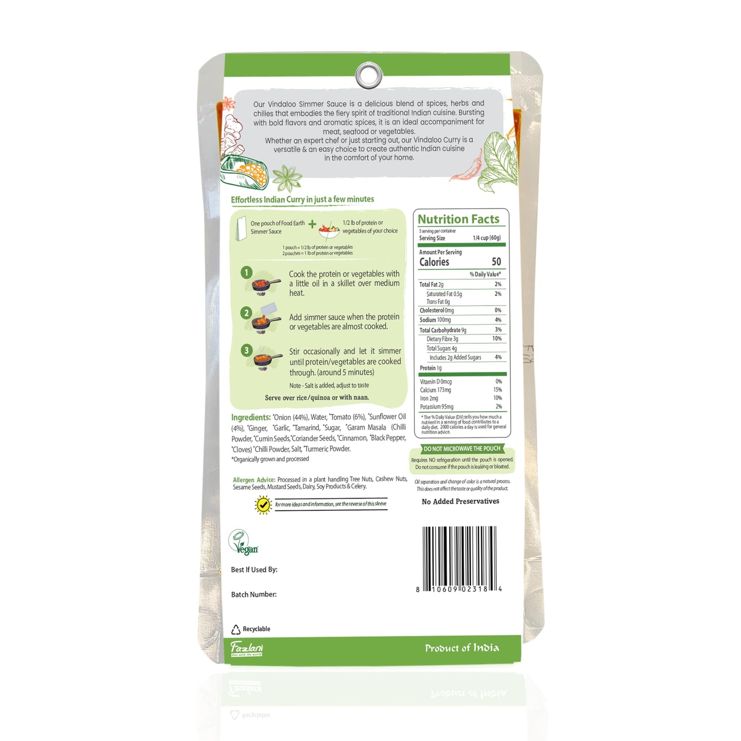 Food Earth Indian Simmer Sauce - Vindaloo Curry - Organic, Vegan, Gluten-Free, GMO-Free - Microwavable Cooking Sauce - 12 Pouche