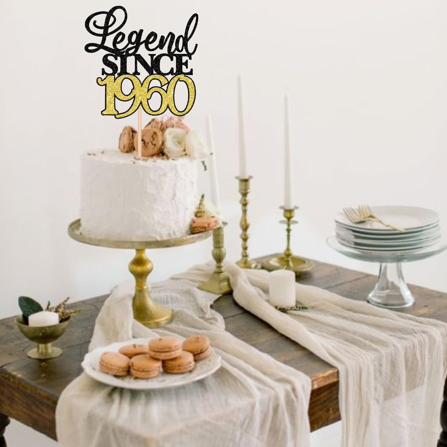 Rssta i Cake Topper - Legend Since 1960, Glitter Design, 65th Birthday Decoration, Black Gold