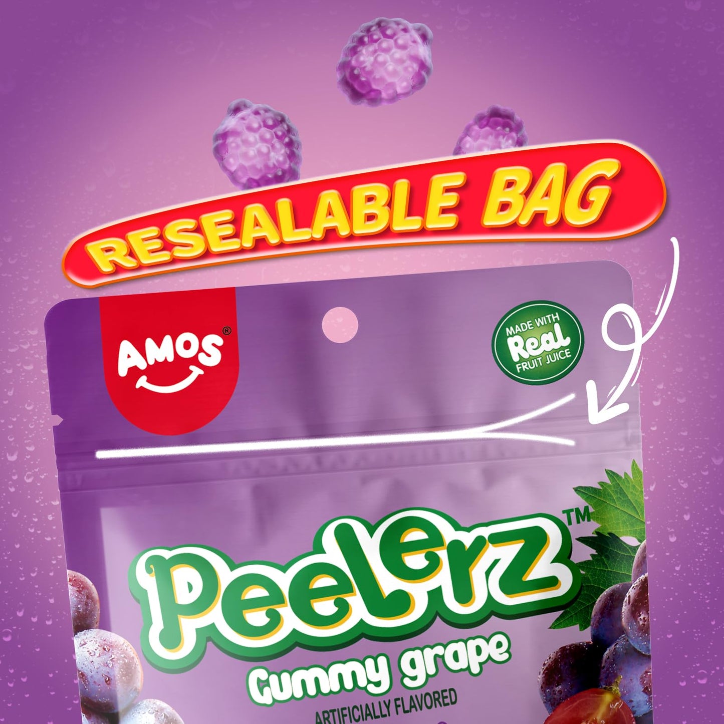 Amos Grape Peelerz Gummy Candy, Peeling Gummy Grape Valentine'S Day Gift Candy Resealable 2.19Oz Bags (Grape 1Pack)